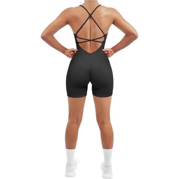 Women Strappy Romper Seamless Jumpsuit Tummy Control Padded Sports Bra - Picture 1 of 5